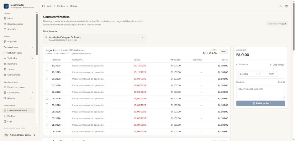 Cobro en ventanilla: contribuyente localizado, periodos pendientes por cuenta y panel de cobro con formas de pago.
