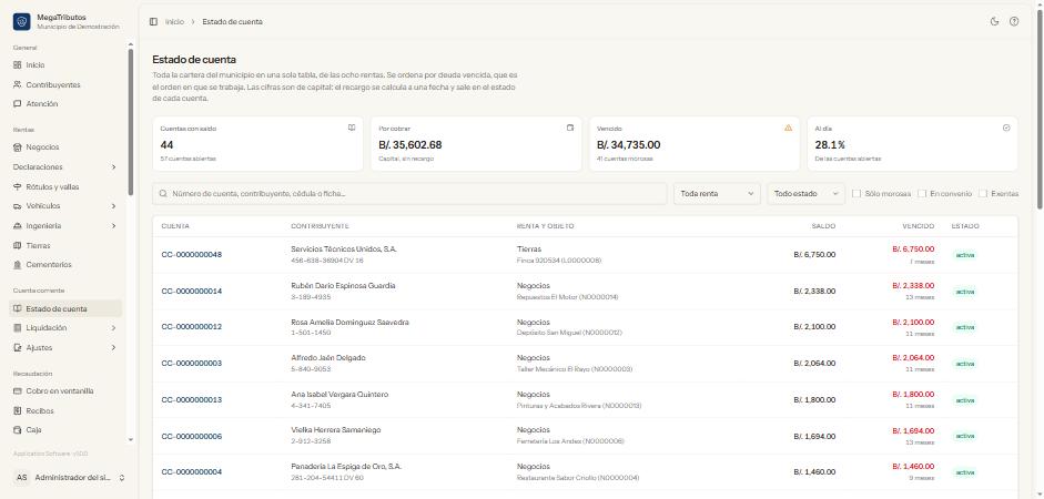 Estado de cuenta: cuentas con saldo de todas las rentas, ordenadas por deuda vencida.