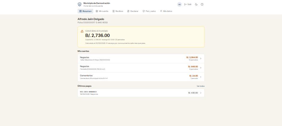 Portal del contribuyente: deuda total, cuentas por renta y últimos pagos.